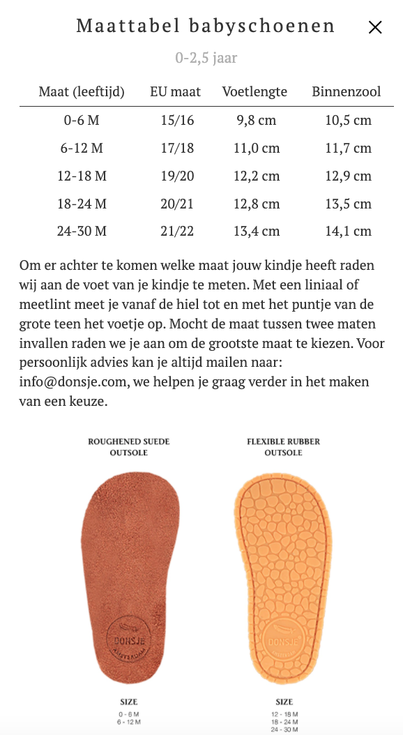 Size guide Donsje schoenen 0-2 jaar