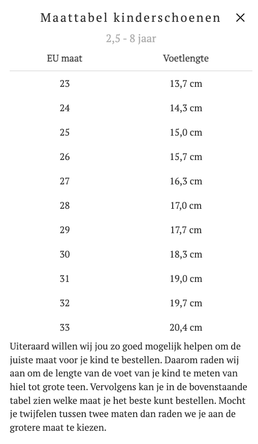 Donsje size guide schoenen 2-6 jaar