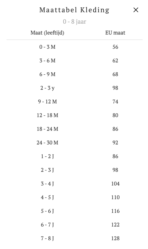 Donsje size guide kleding