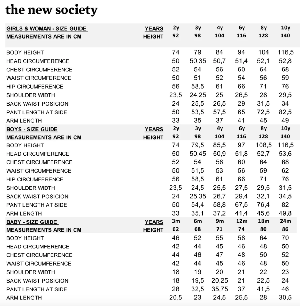 the new society size guide