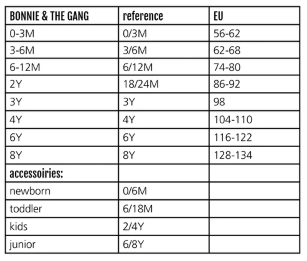 Bonnie size guide