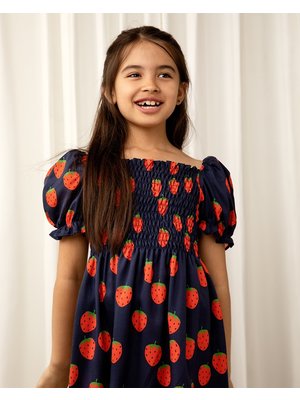 Mini Rodini Strawberries Woven Puff Sleeve Dress