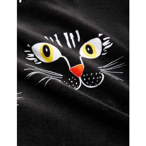 Mini Rodini Zwart fluwelen jurkje met lange mouwen en cat face print