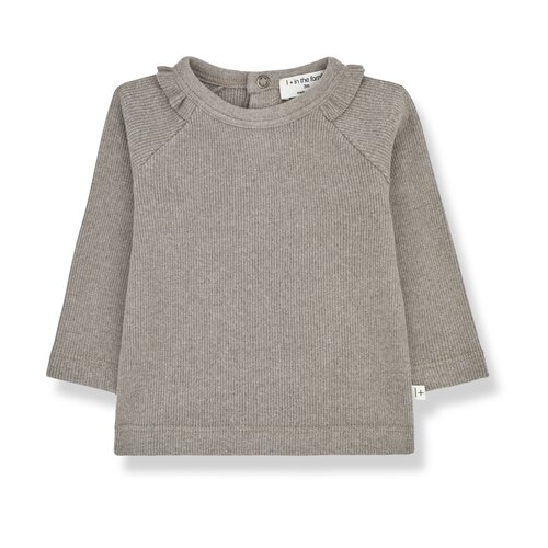 1 + in the family Taupe kleurige top met een kraag detail en lange mouw in een fijne rib jersey