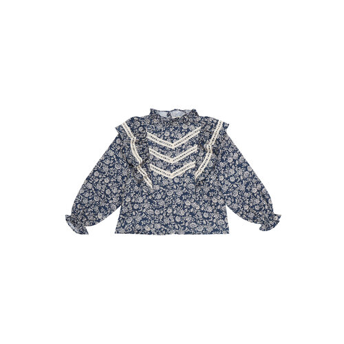 the new society Blouse in blauwe bloemenprint met kanten details