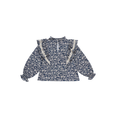 the new society Blouse in blauwe bloemenprint met kanten details