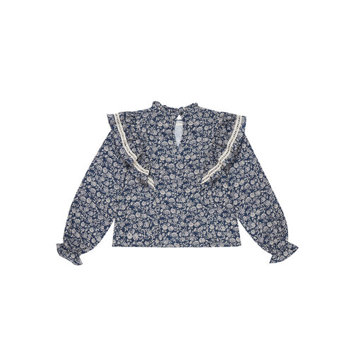 the new society Dames blouse in blauwe bloemenprint met kanten details
