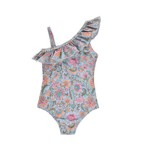 Louise Misha Asymmetrisch badpak met ruffles en bloemenprint