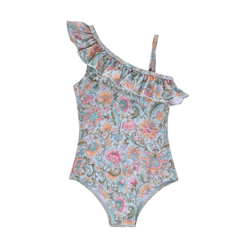 Louise Misha Asymmetrisch badpak met ruffles en bloemenprint