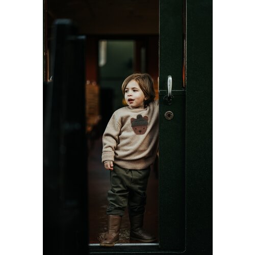 Donsje Merino wollen trui met Donsje beertje in bruin melange Donsje Merino wollen trui met Donsje beertje in bruin melange