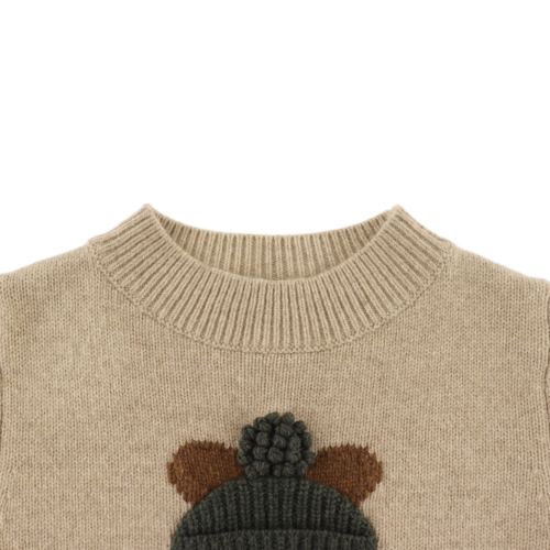 Donsje Merino wollen trui met Donsje beertje in bruin melange Donsje Merino wollen trui met Donsje beertje in bruin melange