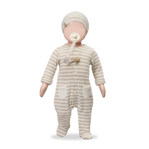 1 + in the family Beige gestreept pakje met voetjes