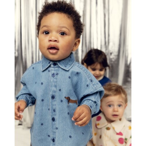 Mini Rodini Denim shirt met stippen en een teckel