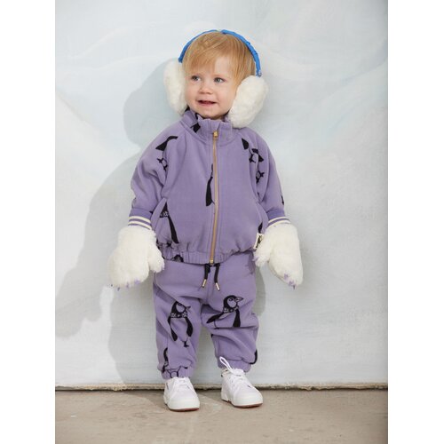Mini Rodini Paars fleece jasje met all-over pinguïn print