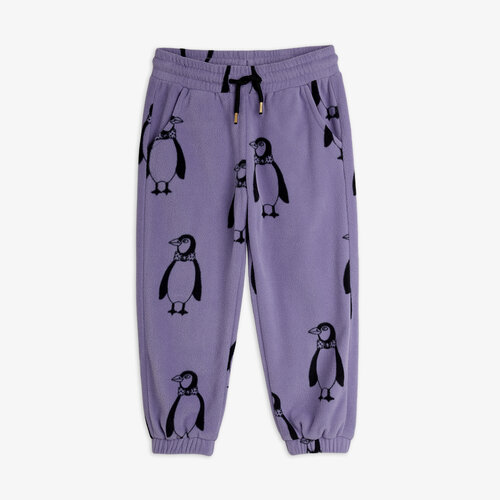 Mini Rodini Paarse fleece broek met all-over pinguïn print