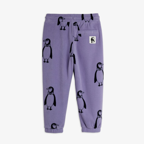 Mini Rodini Paarse fleece broek met all-over pinguïn print