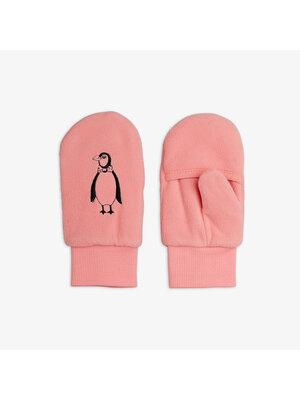 Mini Rodini Penguin Emb Microfleece Overlapping Mittens | Pink Mini Rodini Penguin Emb Microfleece Overlapping Mittens | Pink