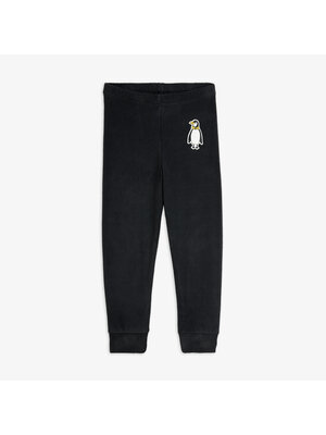 Mini Rodini Penguin patch microfleece trousers | Black Mini Rodini Penguin patch microfleece trousers | Black