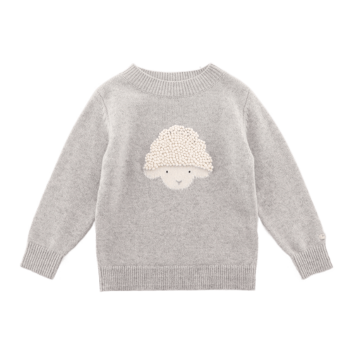 Donsje Merino wollen trui met een lammetje in grijs melange Donsje Merino wollen trui met een lammetje in grijs melange