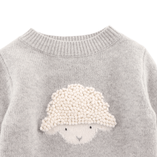 Donsje Merino wollen trui met een lammetje in grijs melange Donsje Merino wollen trui met een lammetje in grijs melange