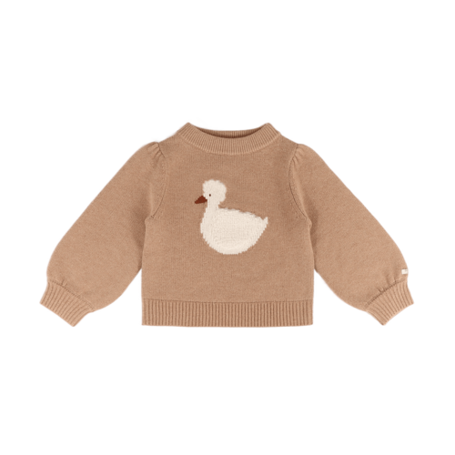 Donsje Merino wollen trui met een zwaan in licht bruin Donsje Merino wollen trui met een zwaan in licht bruin