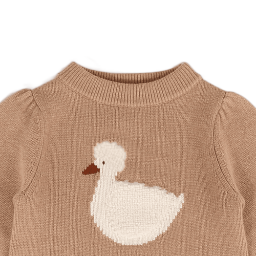 Donsje Merino wollen trui met een zwaan in licht bruin Donsje Merino wollen trui met een zwaan in licht bruin