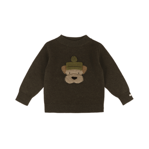 Donsje Merino wollen trui met een hondje in donker groen Donsje Merino wollen trui met een hondje in donker groen