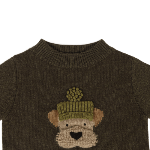 Donsje Merino wollen trui met een hondje in donker groen Donsje Merino wollen trui met een hondje in donker groen