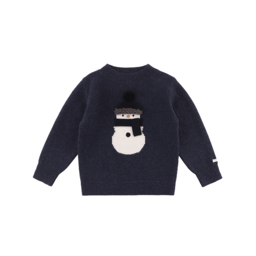 Donsje Merino wollen trui met een sneeuwpop in donker blauw Donsje Merino wollen trui met een sneeuwpop in donker blauw