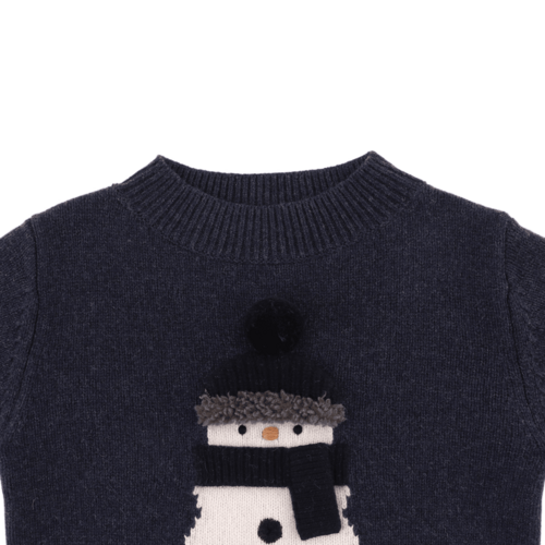 Donsje Merino wollen trui met een sneeuwpop in donker blauw Donsje Merino wollen trui met een sneeuwpop in donker blauw