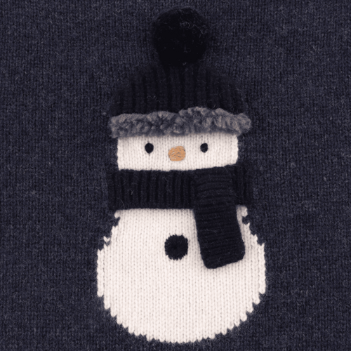 Donsje Merino wollen trui met een sneeuwpop in donker blauw Donsje Merino wollen trui met een sneeuwpop in donker blauw