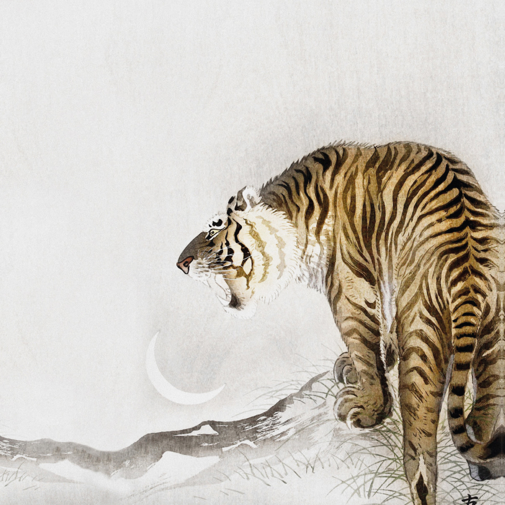 Kat & Poster kunstprint - Roaring Tiger, Crescent Moon (ca. 1910 - ca. 1923) Ohara Koson