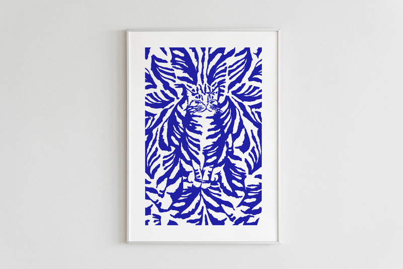 Kat & Gezeefdrukte kattenposter - cyperse kat blauw op wit papier