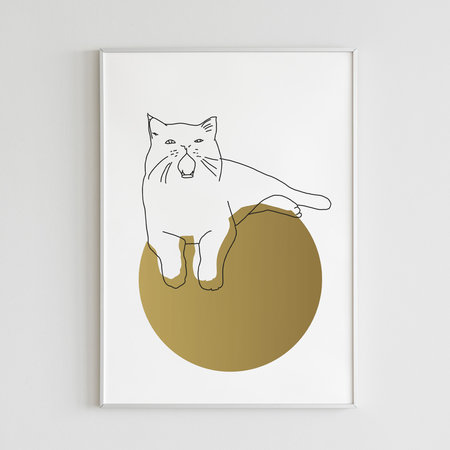 Kat & Poster zeefdruk - lijntekening kat goud op wit