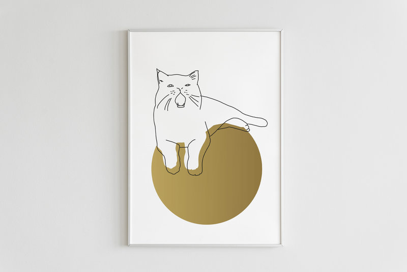 Kat & Gezeefdrukte kattenposter - lijntekening van kat goud op wit