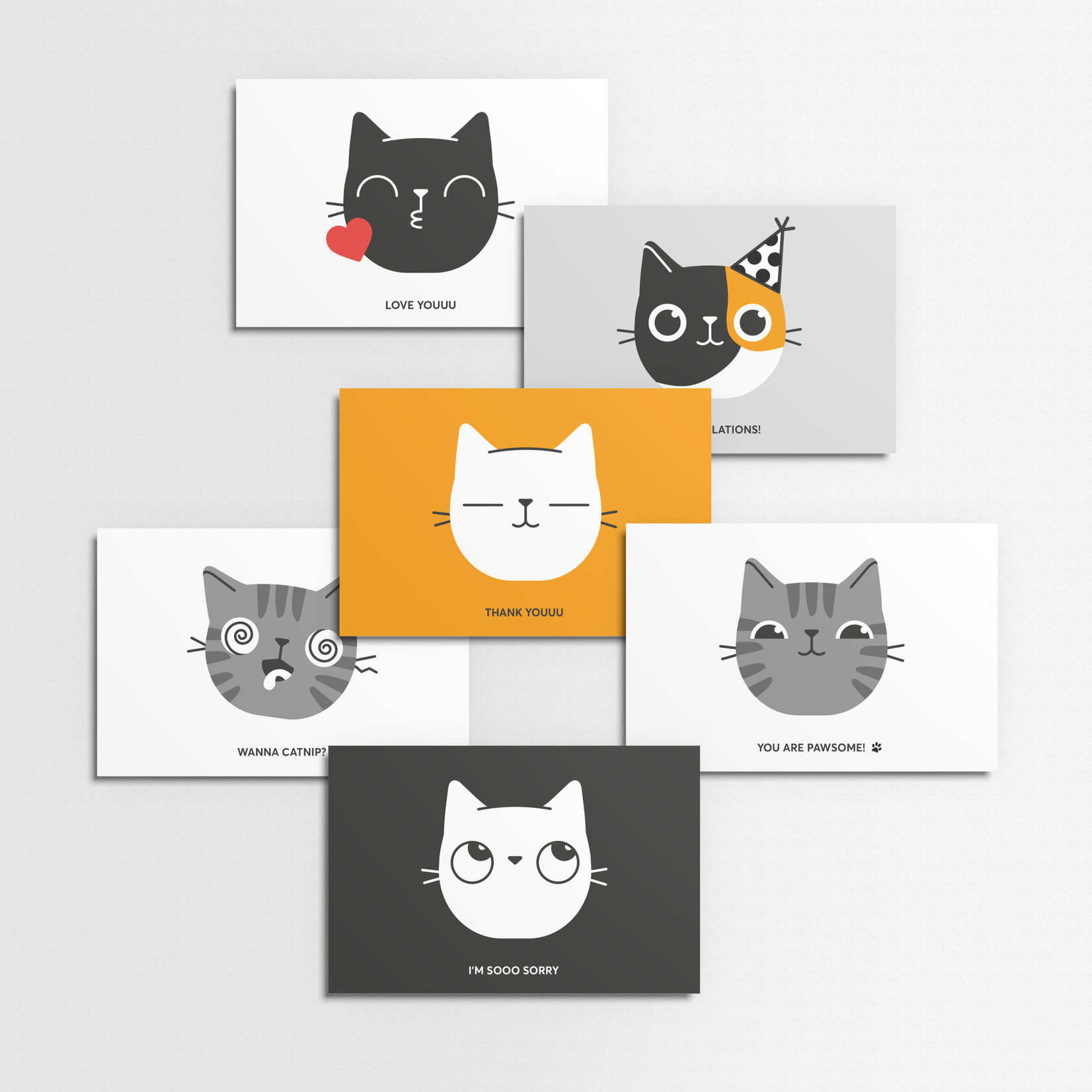 Kat & Ansichtkaarten kat - set van 6 geïllustreerde kattenkaarten / variant B