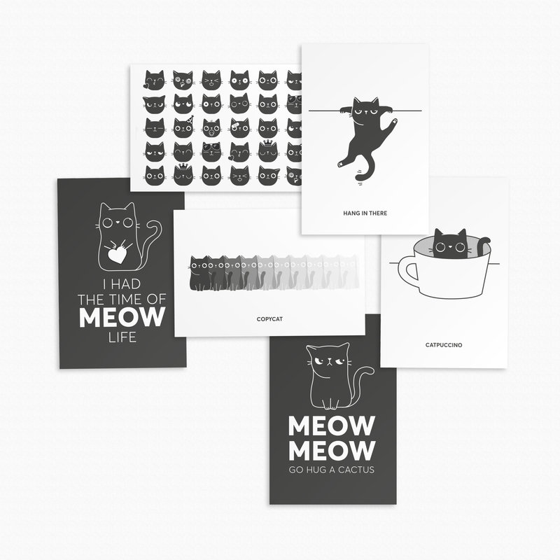 Kat & Ansichtkaarten - set van 6 zwart-wit geïllustreerde kattenkaarten
