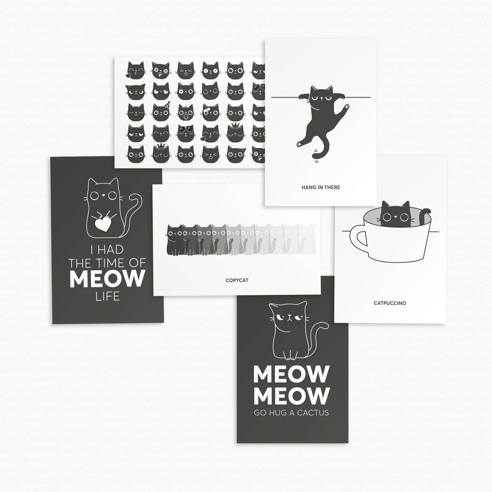 Kat & Ansichtkaarten - set van 6 zwart-wit geïllustreerde kattenkaarten
