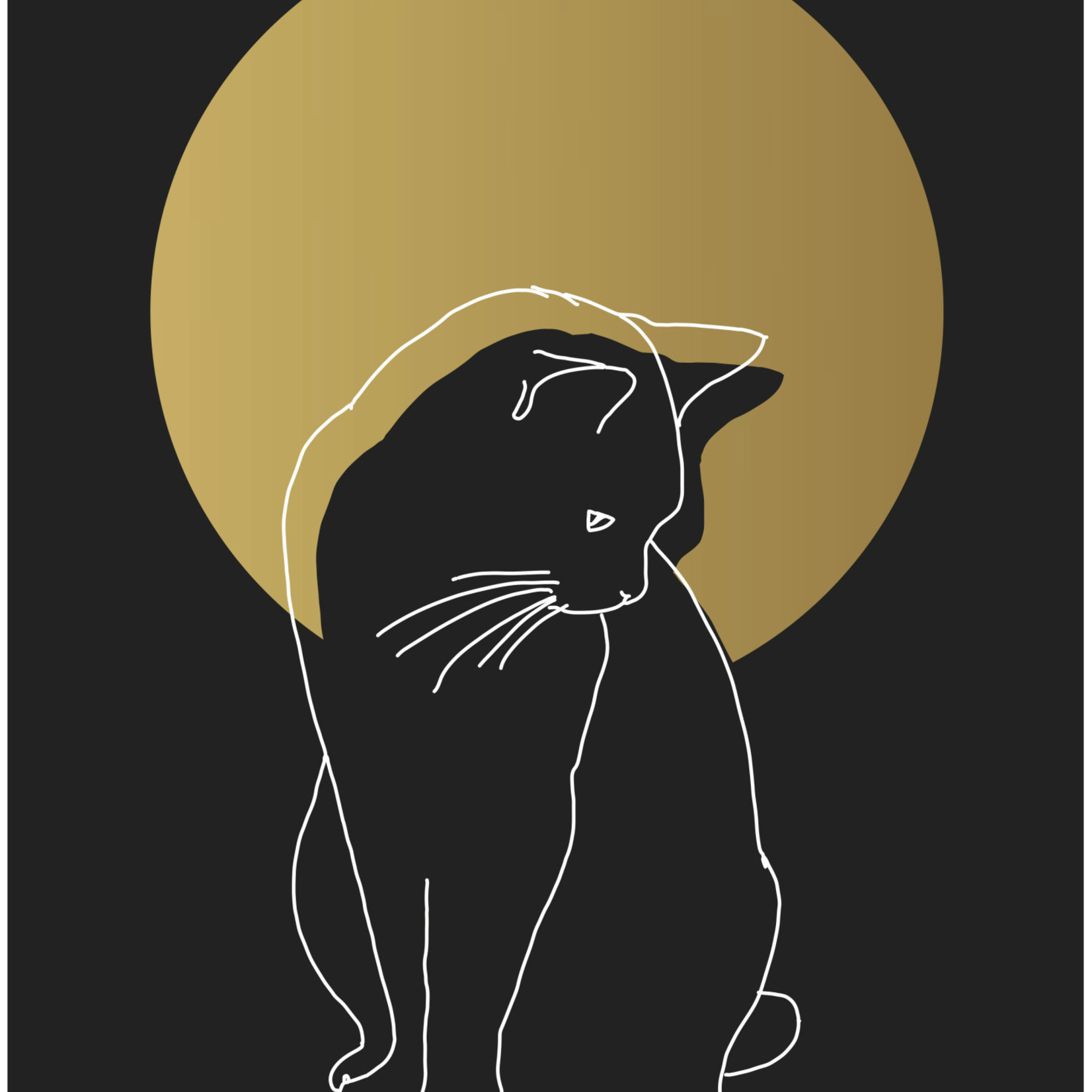 Kat & Poster zeefdruk - lijntekening kat goud op zwart