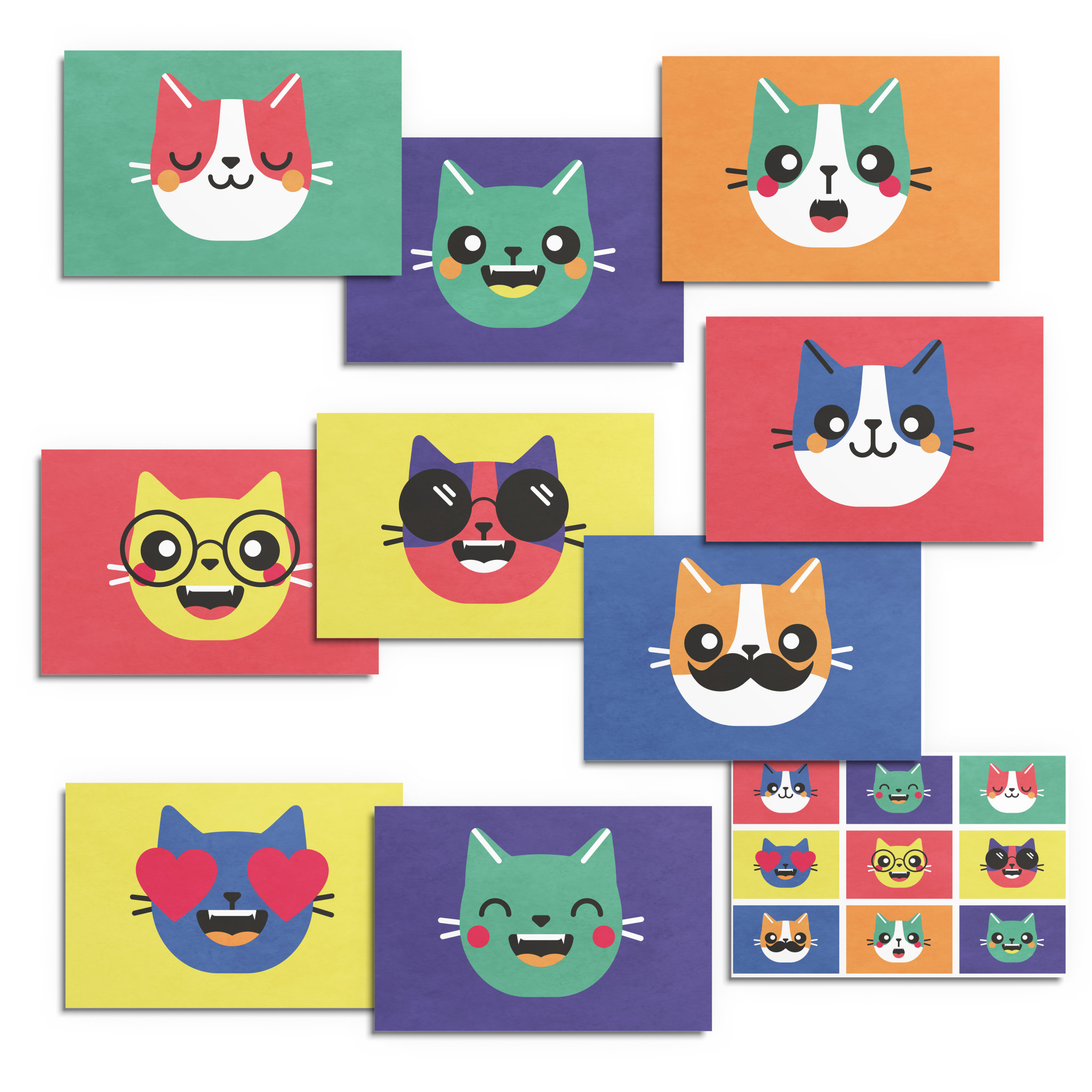 Kat & Ansichtkaarten - set van 10 emoji geïllustreerde kattenkaarten