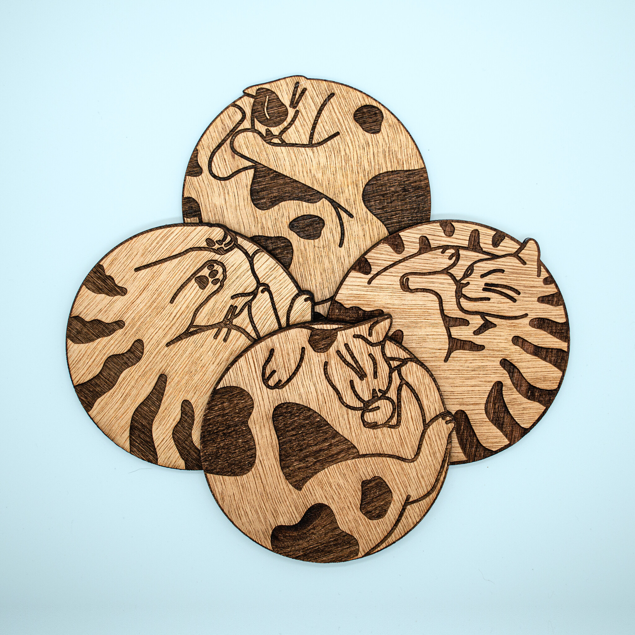 Kat & Set van 4 verschillende onderzetters met slapende katten