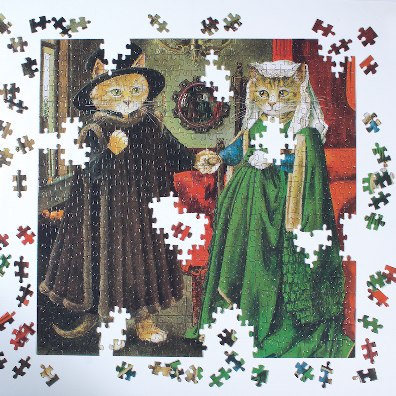 Kattenpuzzel parodie op schilder Van Eyck