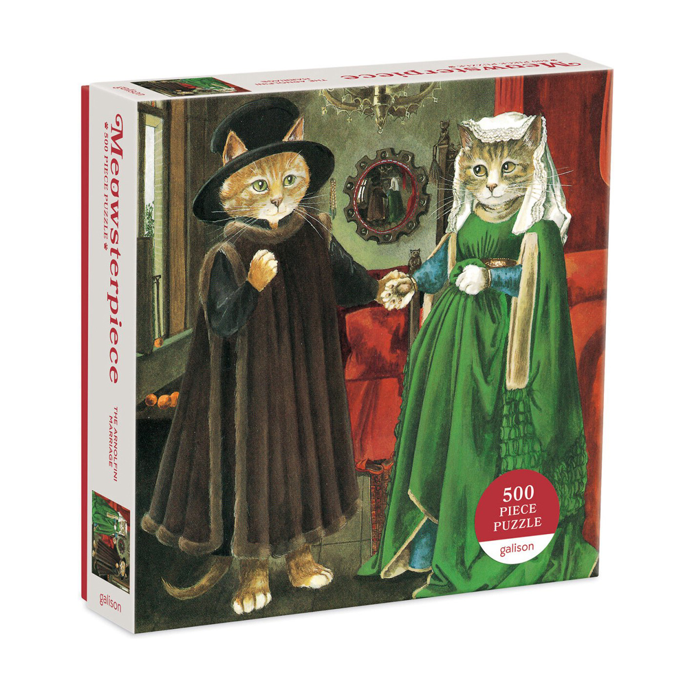 Kattenpuzzel parodie op schilder Van Eyck