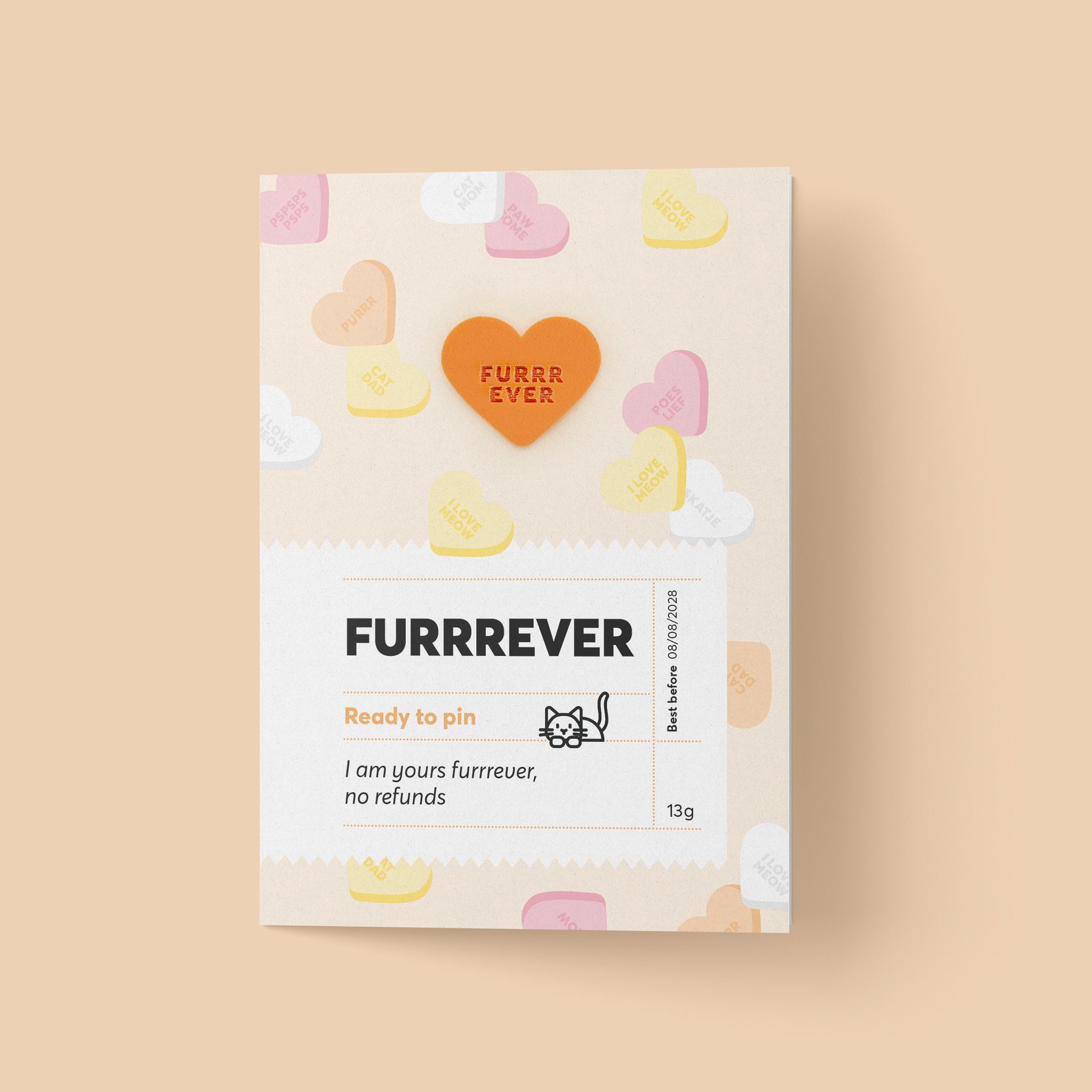 Kat & Snoephartjes wenskaart met pin 'Furrrever'