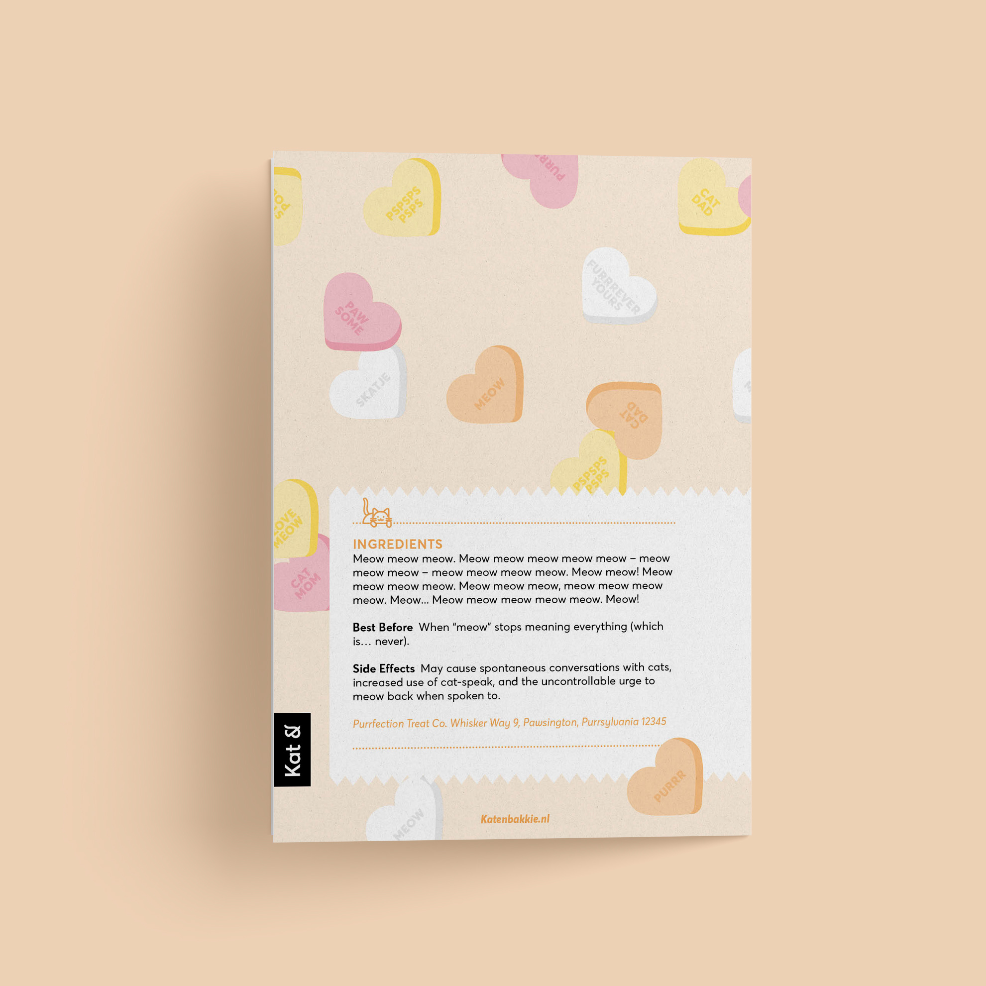 Kat & Snoephartjes wenskaart met pin 'Meow'