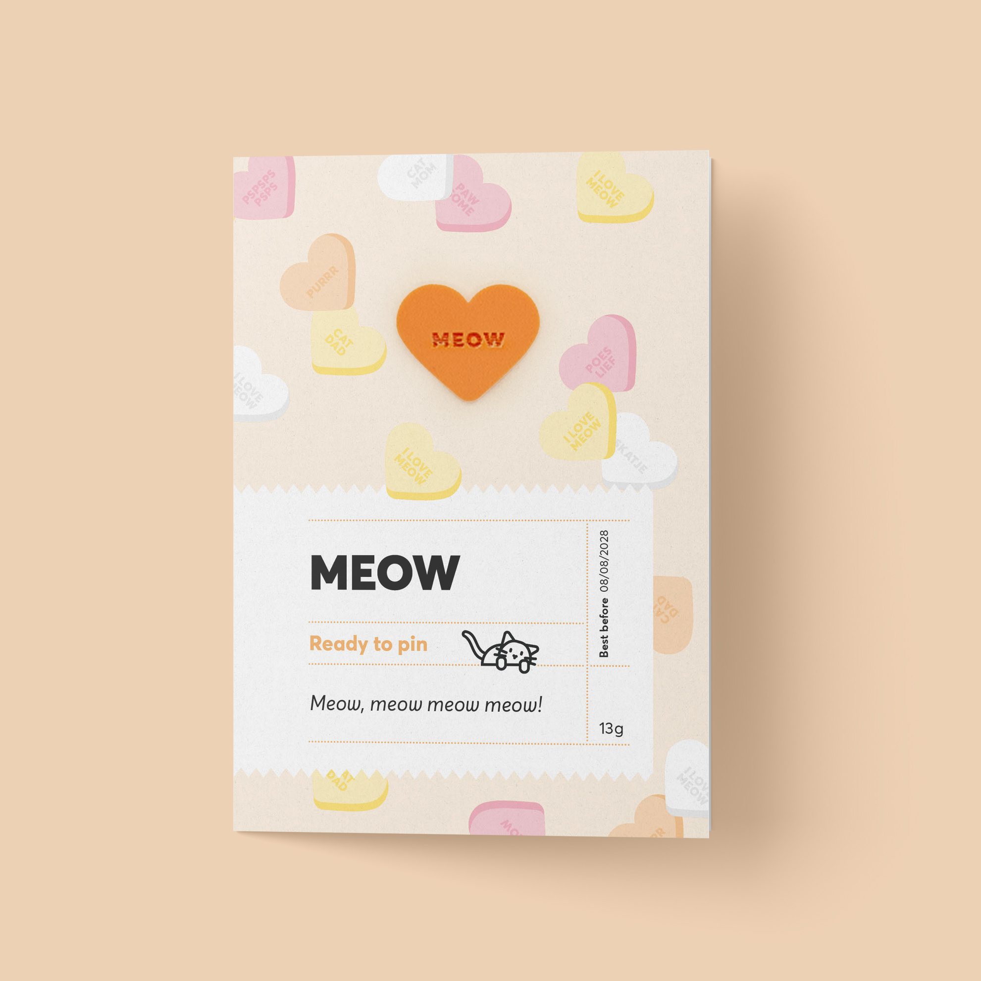 Kat & Snoephartjes wenskaart met pin 'Meow'
