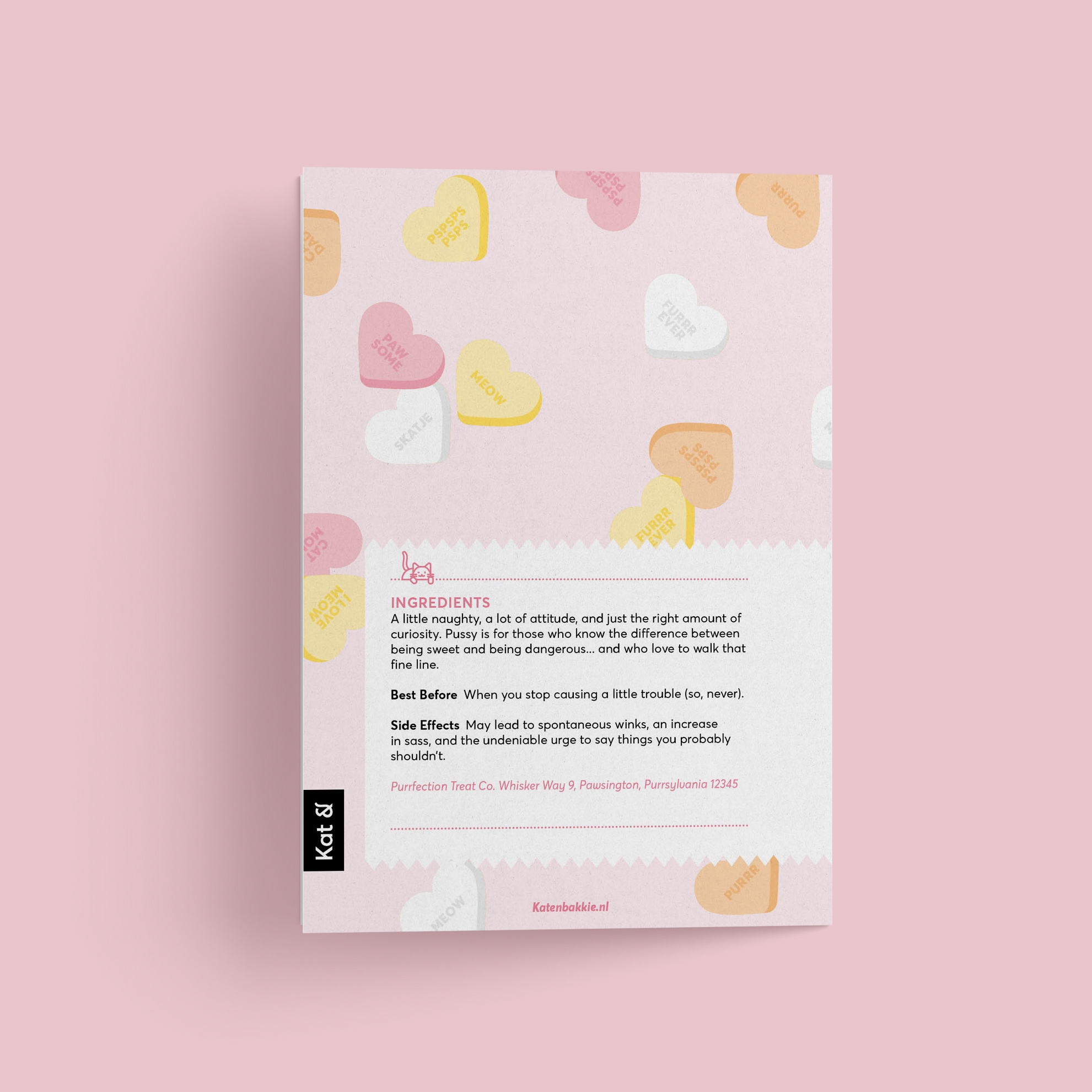 Kat & Snoephartjes wenskaart met pin 'Pussy'