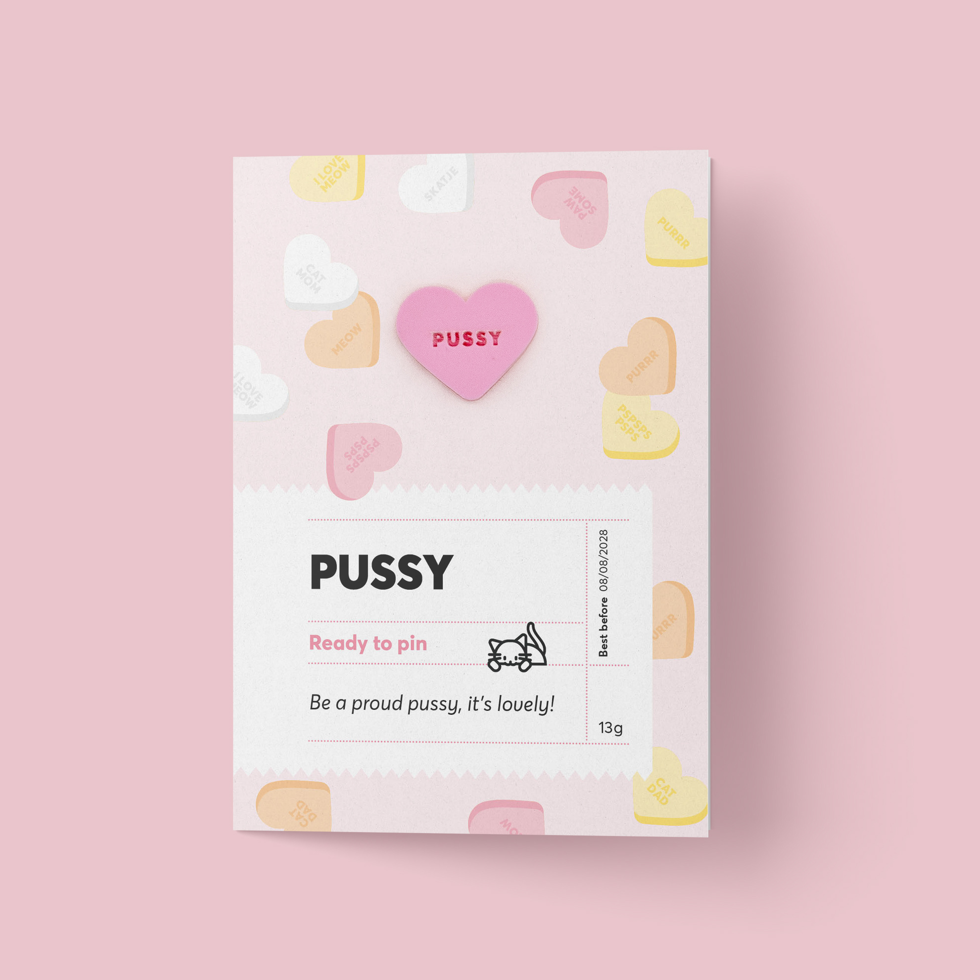 Kat & Snoephartjes wenskaart met pin 'Pussy'