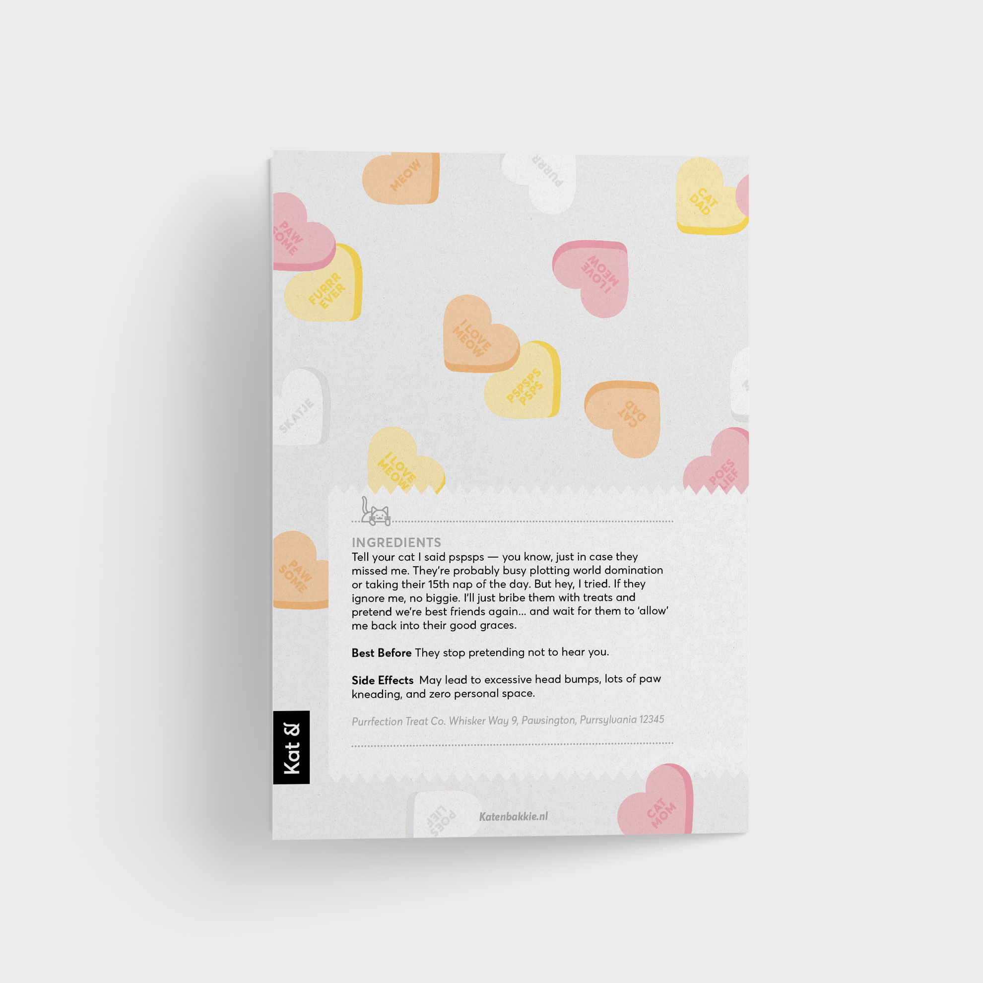 Kat & Snoephartjes wenskaart met pin 'Pspspspsps'