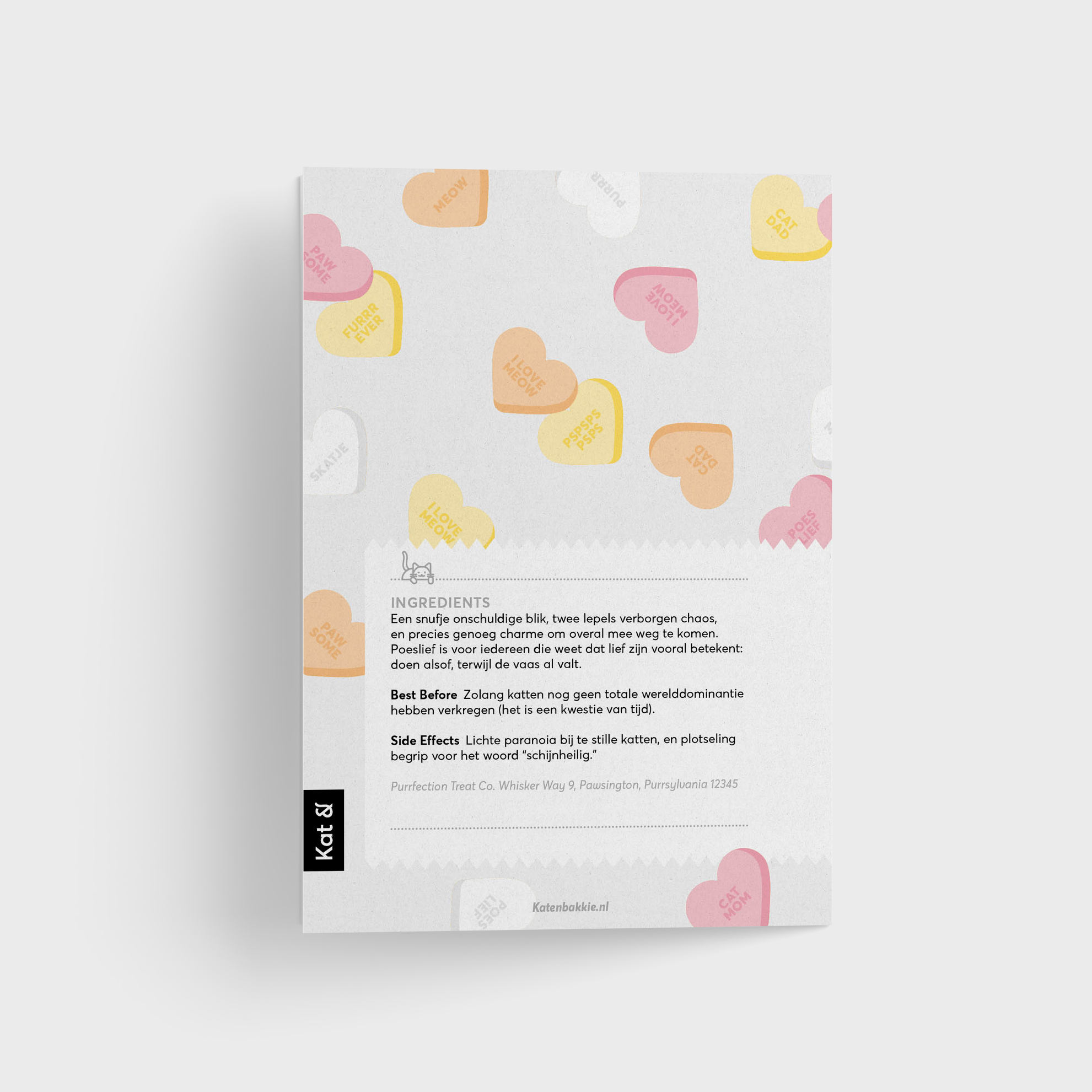 Kat & Snoephartjes wenskaart met pin 'Poeslief'